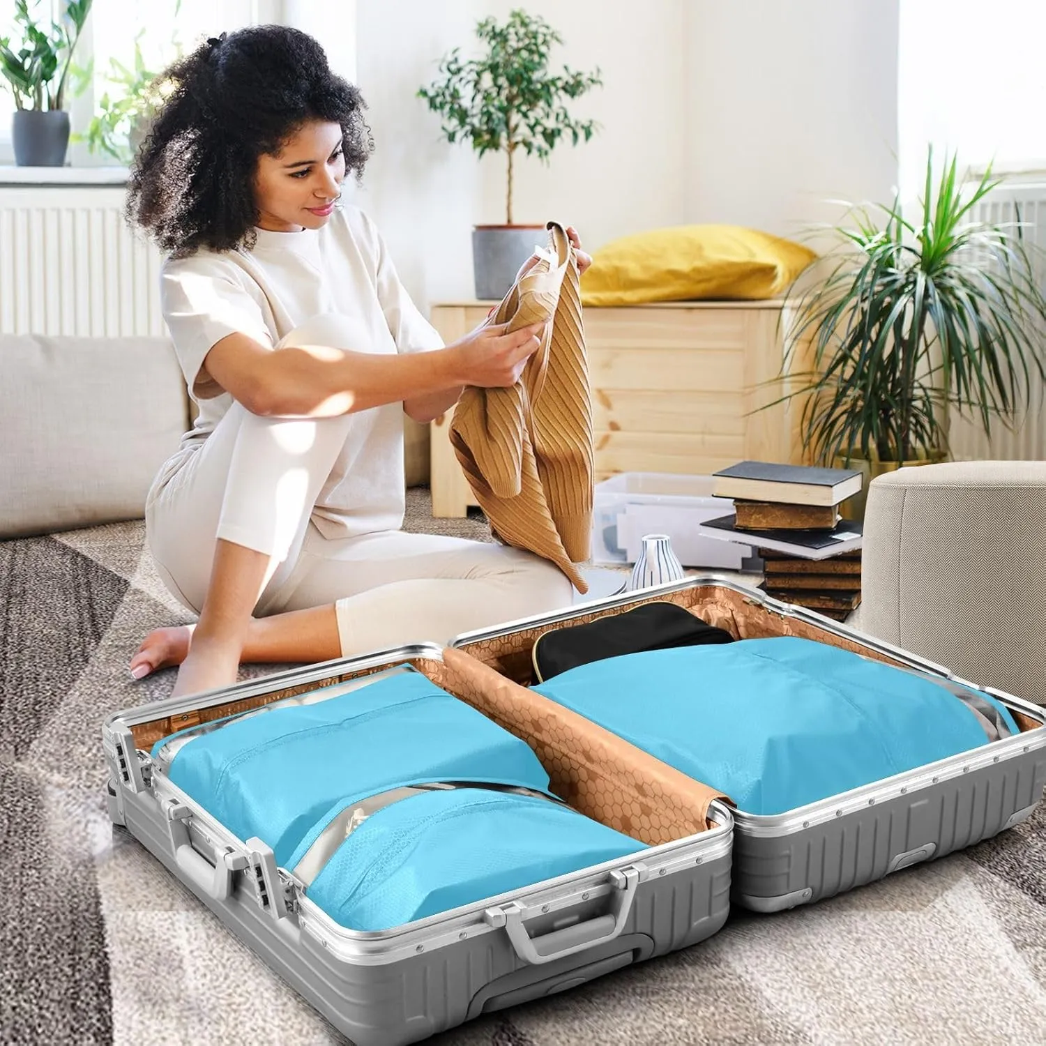 SPRIPORT Blue Light 3 Set Compression Packing Cubes for Travel Lightweight Luggage Organizer Bags for Carry on Suitcase Travel Storage Bags for Vacation Man Woman Clothes