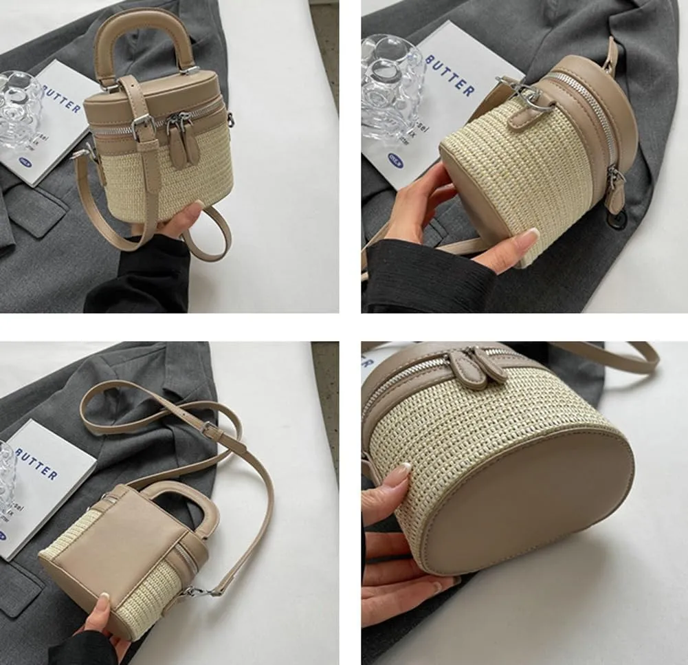 Straw Bucket Bags for Women Handmade Crossbody Bags for Women Woven Satchel Handbag Beach Bag Casual Straw Bag 2024