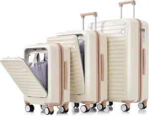 SVRCK Versatile 3-Piece Luggage Set with USB Port and Cup Holder, Airline Certified, Durable ABS Hard Shell, Spinner Wheels in Ivory and Golden
