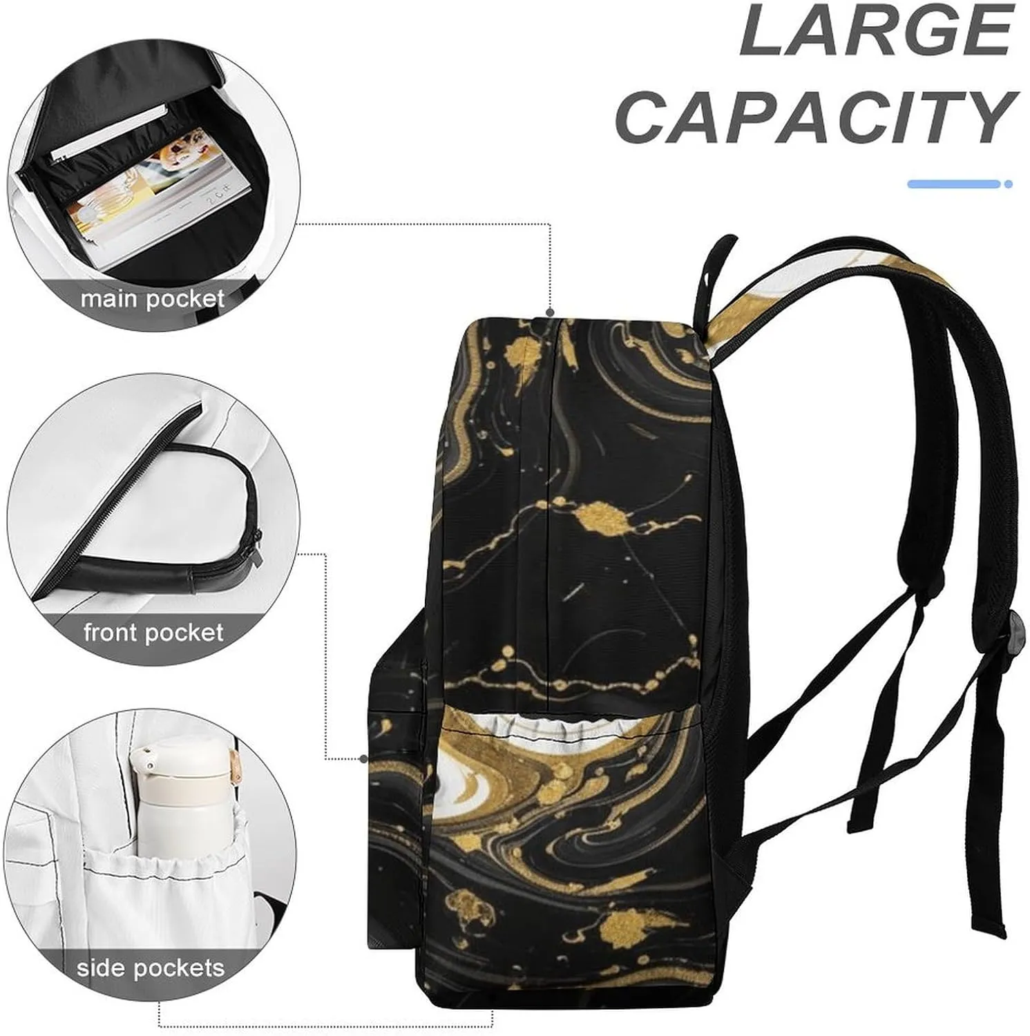 SWEET TANG Men & Women Multifunction Backpack with Comfortable and Soft Shoulder Strap, Lightweight Hiking Picnic Backpack Compatible with Gold Black And White Marble Backpack
