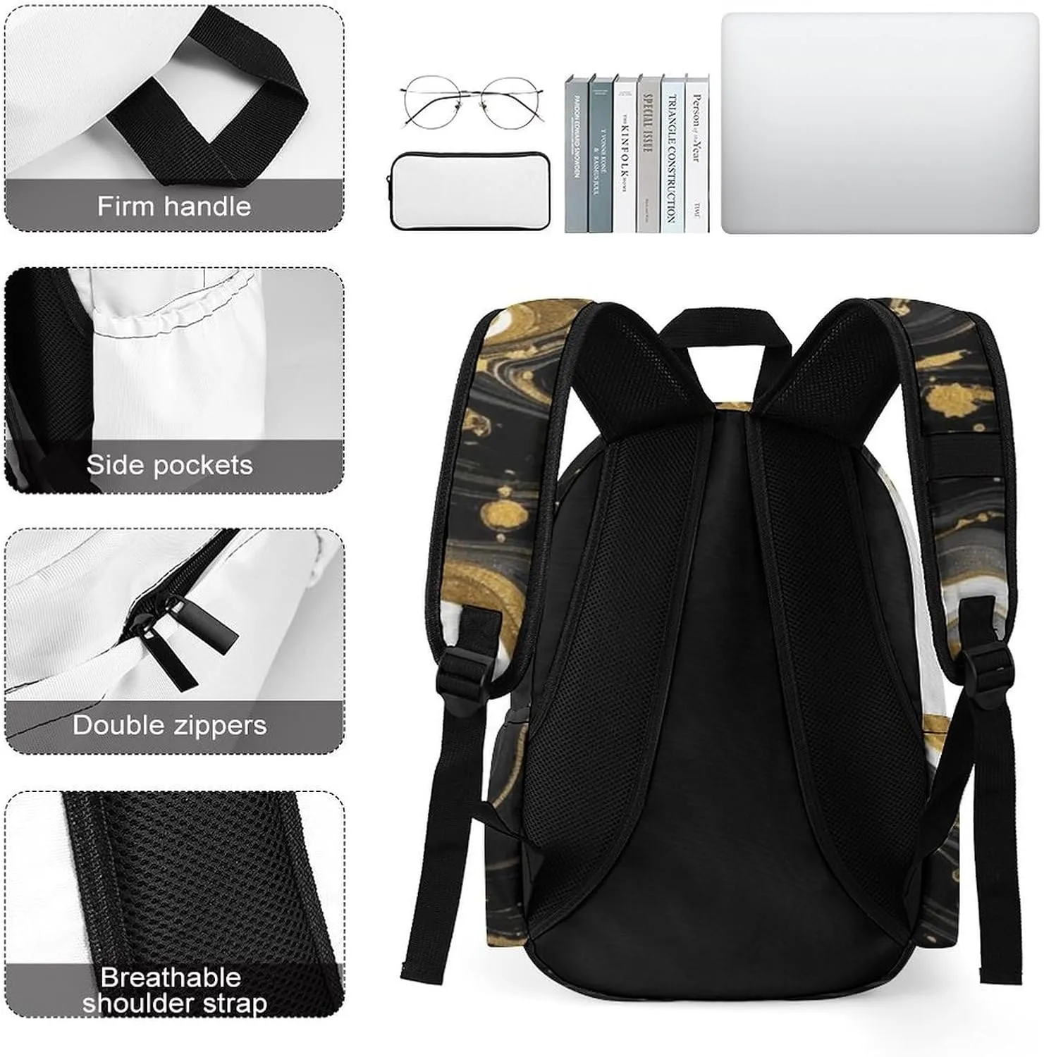 SWEET TANG Men & Women Multifunction Backpack with Comfortable and Soft Shoulder Strap, Lightweight Hiking Picnic Backpack Compatible with Gold Black And White Marble Backpack