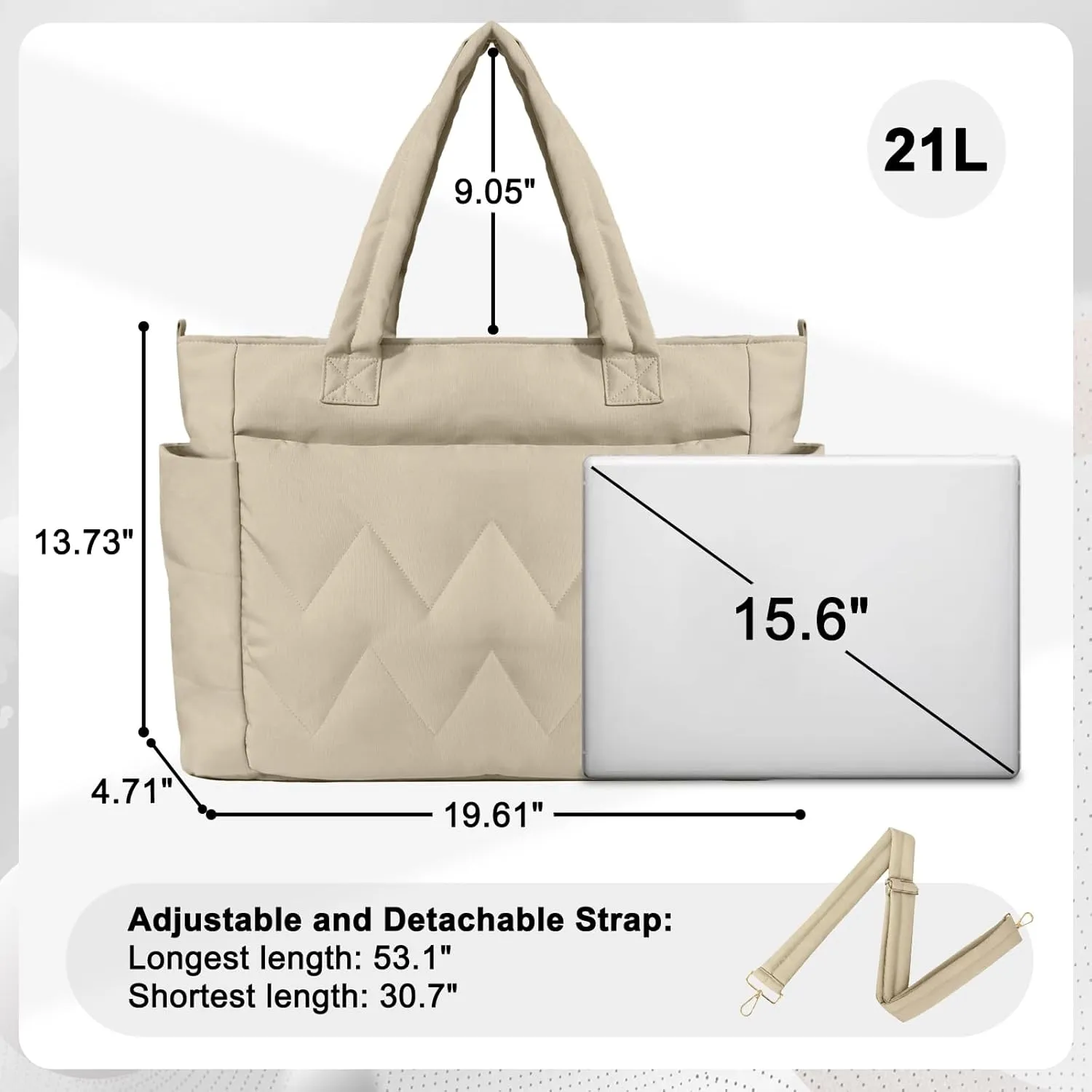 Tote Bag for Women, Lightweight Puffy Tote Bag with Compartments, Large Quilted Shoulder Bag with Zipper