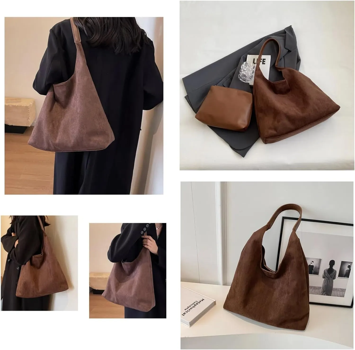Tote Bags for Women Work Bags Suede Purse Slouchy Bag Hobo Handbag Office Tote Handbag for Shopping Large Brown Shoulder Bag