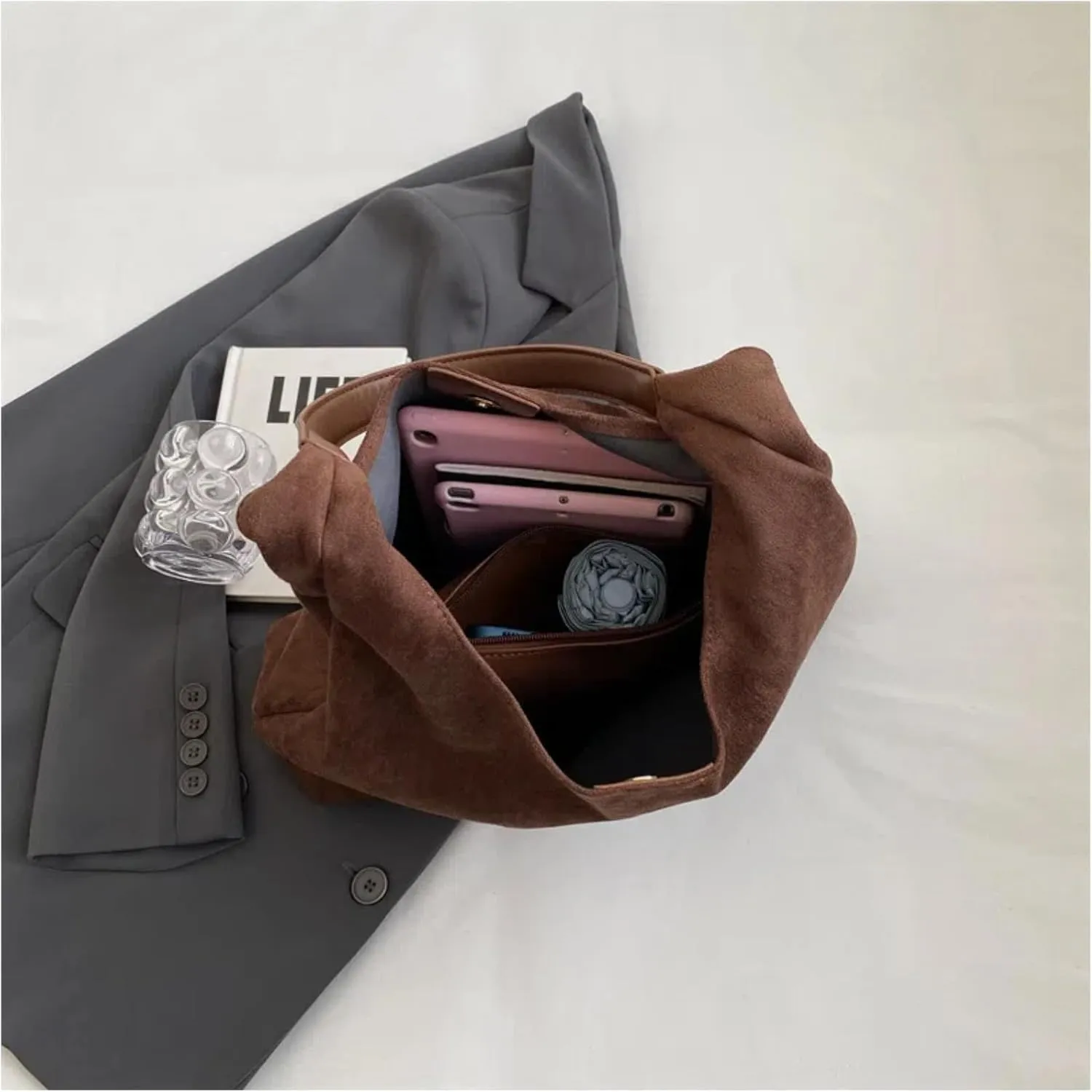Tote Bags for Women Work Bags Suede Purse Slouchy Bag Hobo Handbag Office Tote Handbag for Shopping Large Brown Shoulder Bag