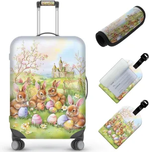 Travel Luggage Cover,Easter Rabbit Theme Suitcase Cover Accessory Kit, Luggage Tag, and Comfortable Luggage Handle Wrap, Washable Zipper Close Luggage Suitcase Protector (18-20 inch,S)