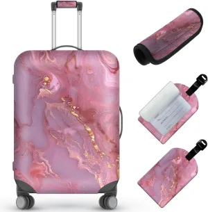 Travel Luggage Cover,Pink Gilt Marble Theme Suitcase Cover Accessory Kit, Luggage Tag, and Comfortable Luggage Handle Wrap, Washable Zipper Close Luggage Suitcase Protector (18-20 inch,S)