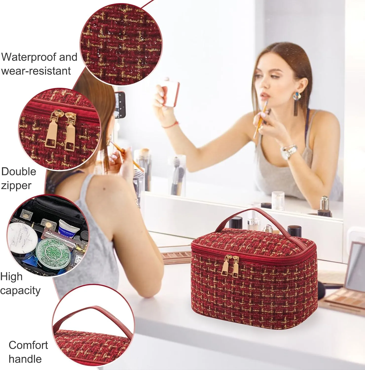 Travel Makeup Bag,High Capacity Toiletries Travel Bag,Waterproof And Wear-Resistant Portable Cosmetic Organizer,With Comfortable Handle,Suitable for Ladies And Girls (Red)