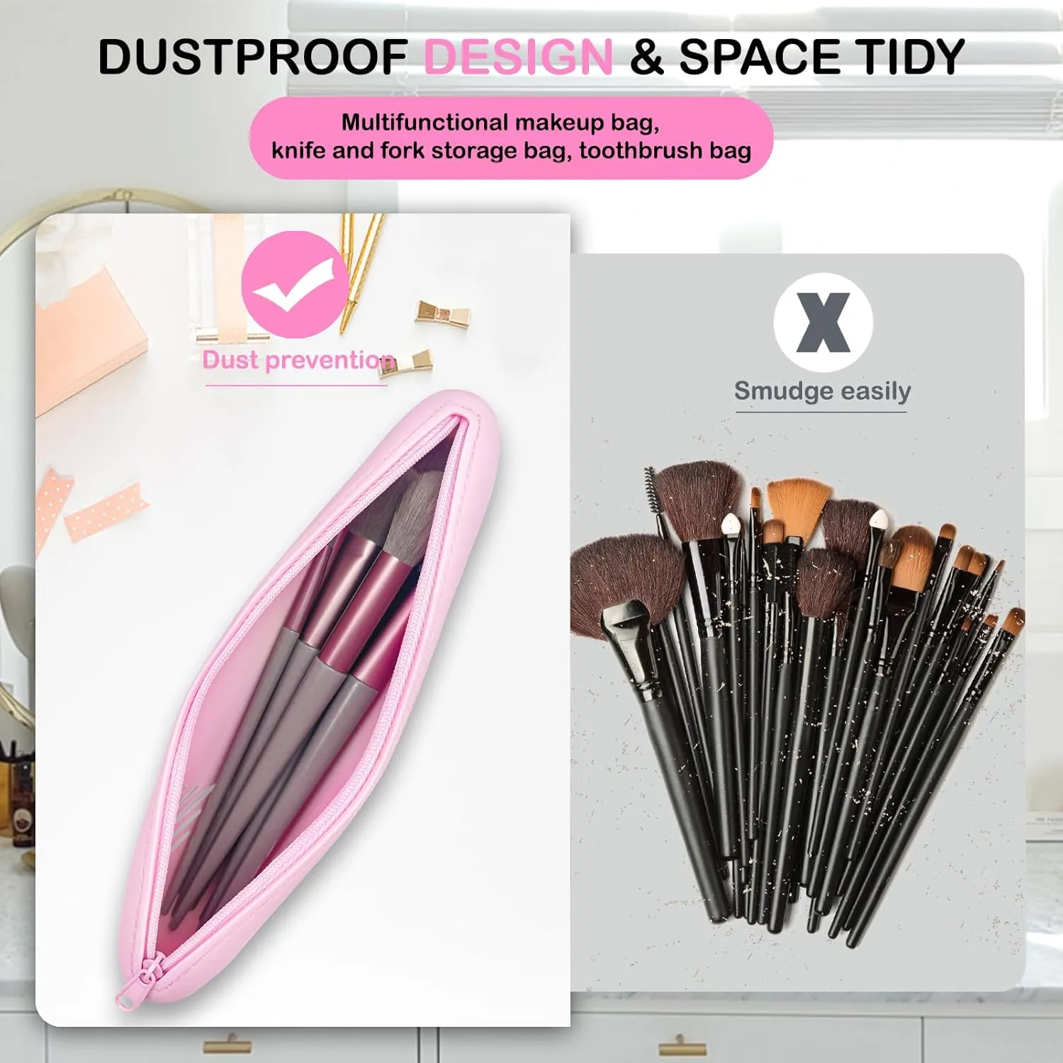 Travel Makeup Brush Holder,Make Up Organizer Bag Case,Cosmetic pouch,Travel Organizer,Silicon Small Makeup Brush Purse Upgrade with Zipper (Light Pink)