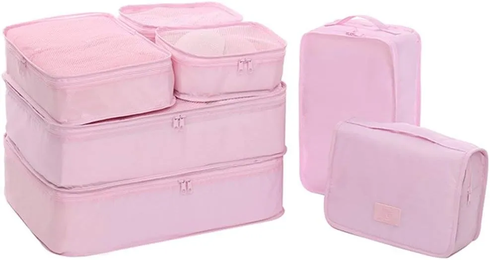 Travel Packing Cubes 7 Set, JJ POWER Luggage Organizers with toiletry kit shoe bag (Light pink)