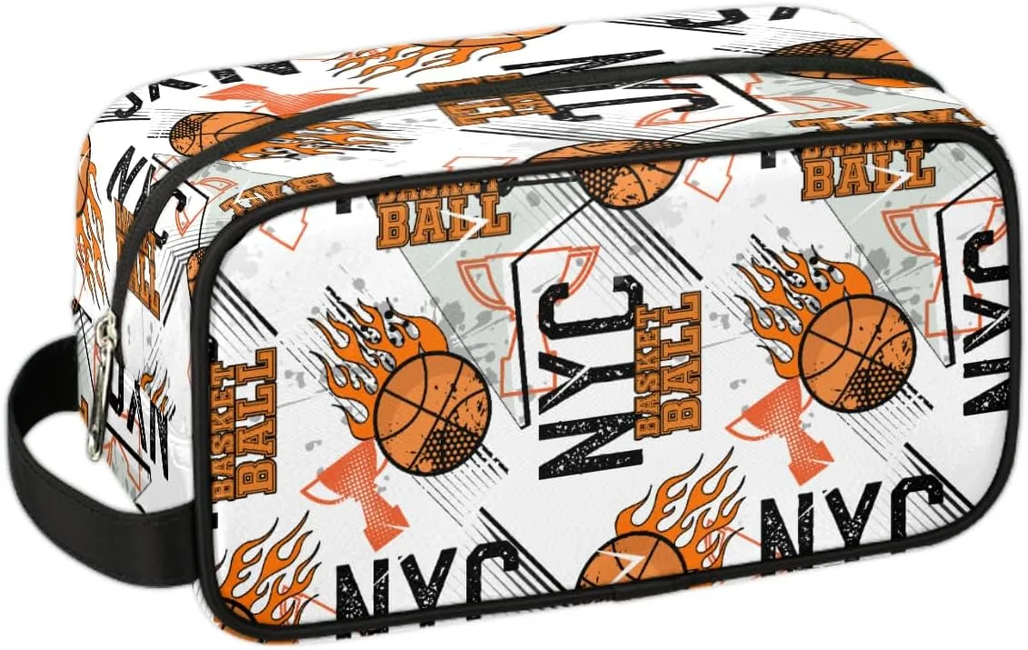 Travel Toiletry Bag for Boys, Basketball White Waterproof Shaving Bag for Men, Hanging Dopp Kit with Large Capacity for Travel,Sports Shower