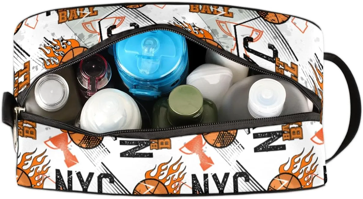 Travel Toiletry Bag for Boys, Basketball White Waterproof Shaving Bag for Men, Hanging Dopp Kit with Large Capacity for Travel,Sports Shower