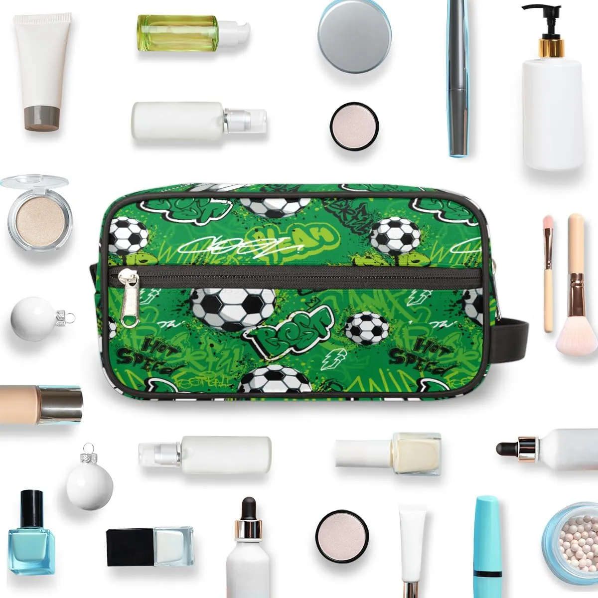 Travel Toiletry Bag for Boys Men, Green Soccer Waterproof Hanging Dopp Kit for Teens, Shaving Bag with Large Capacity for Travel,Sports Shower