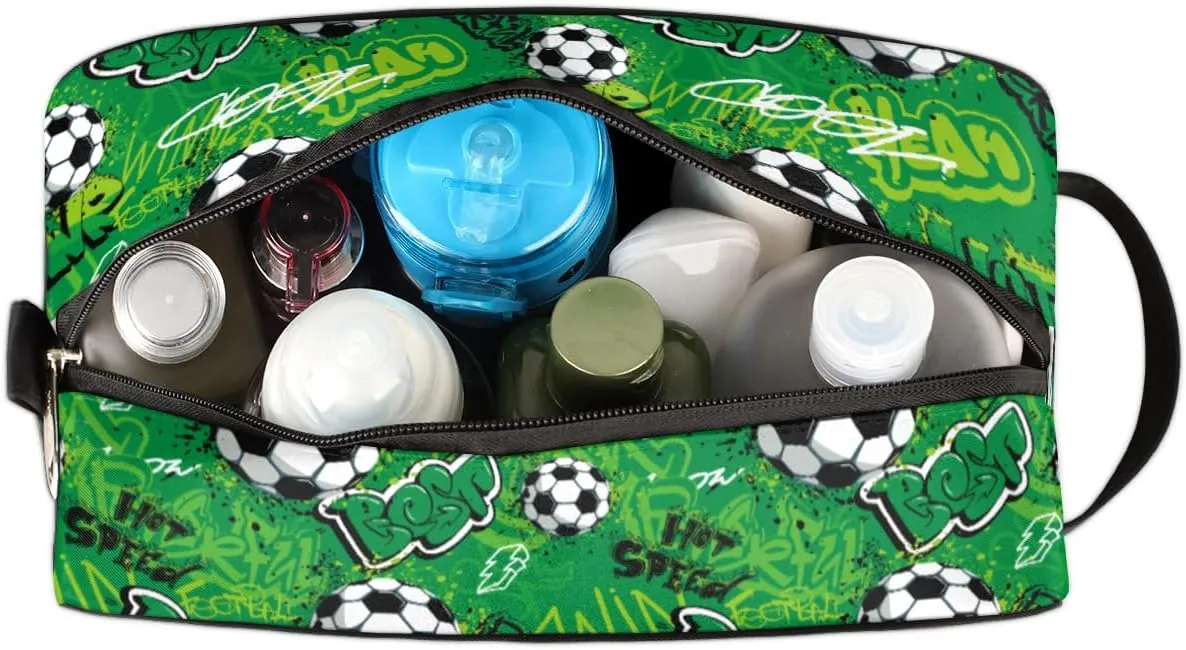 Travel Toiletry Bag for Boys Men, Green Soccer Waterproof Hanging Dopp Kit for Teens, Shaving Bag with Large Capacity for Travel,Sports Shower