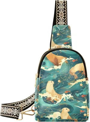 trendy Japanese Sea Dogs Ocean Waves womens fanny pack leather small sling bag for hiking