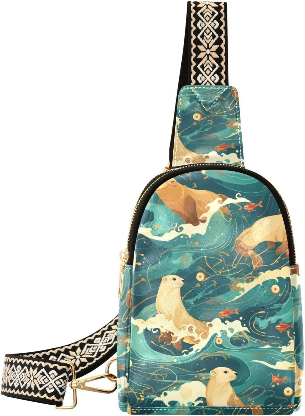 trendy Japanese Sea Dogs Ocean Waves womens fanny pack leather small sling bag for hiking