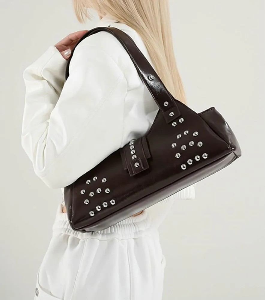 Trendy Vegan Leather Shoulder Bags for Women Small Y2k Underarm Purse Rivet Punk Tote Bags Handbags Satchels