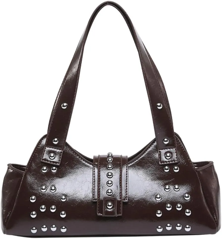 Trendy Vegan Leather Shoulder Bags for Women Small Y2k Underarm Purse Rivet Punk Tote Bags Handbags Satchels