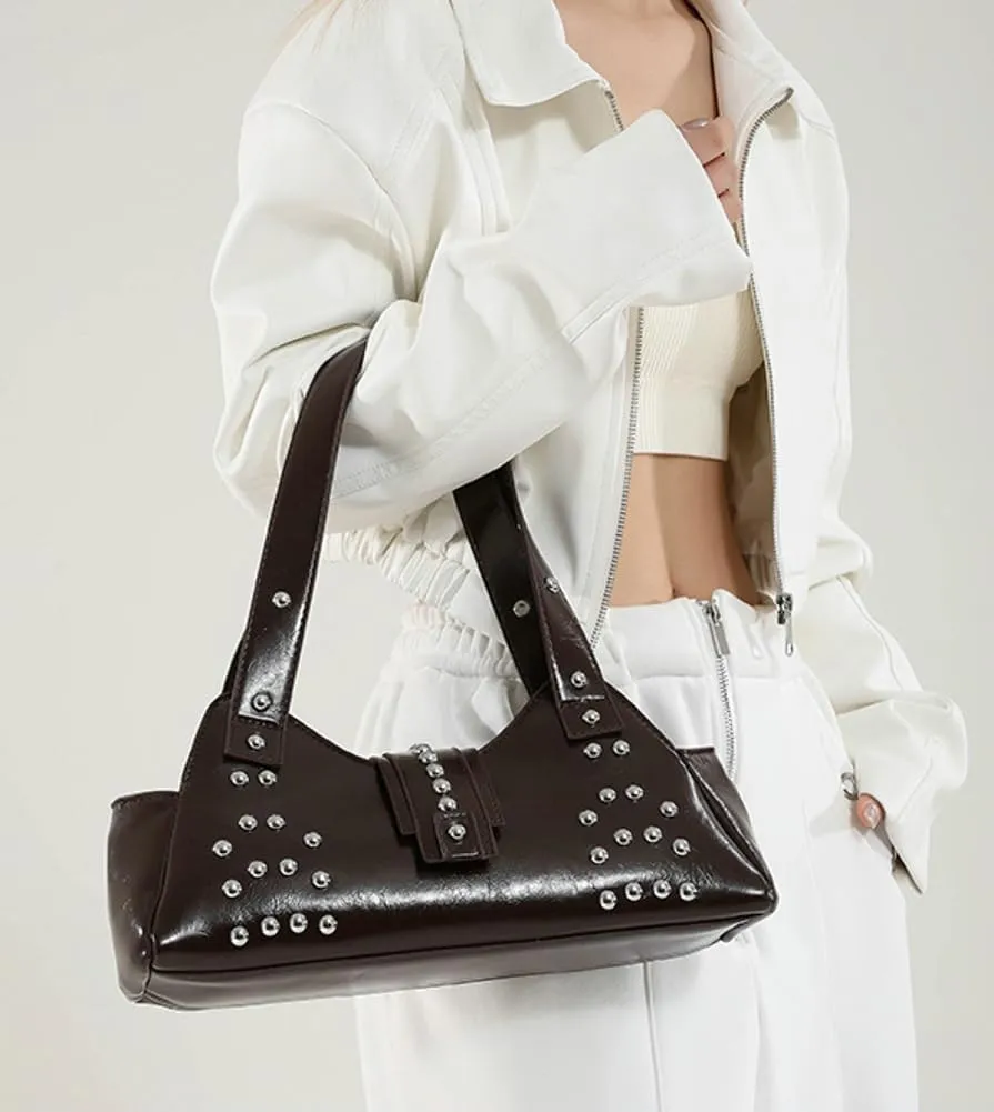 Trendy Vegan Leather Shoulder Bags for Women Small Y2k Underarm Purse Rivet Punk Tote Bags Handbags Satchels