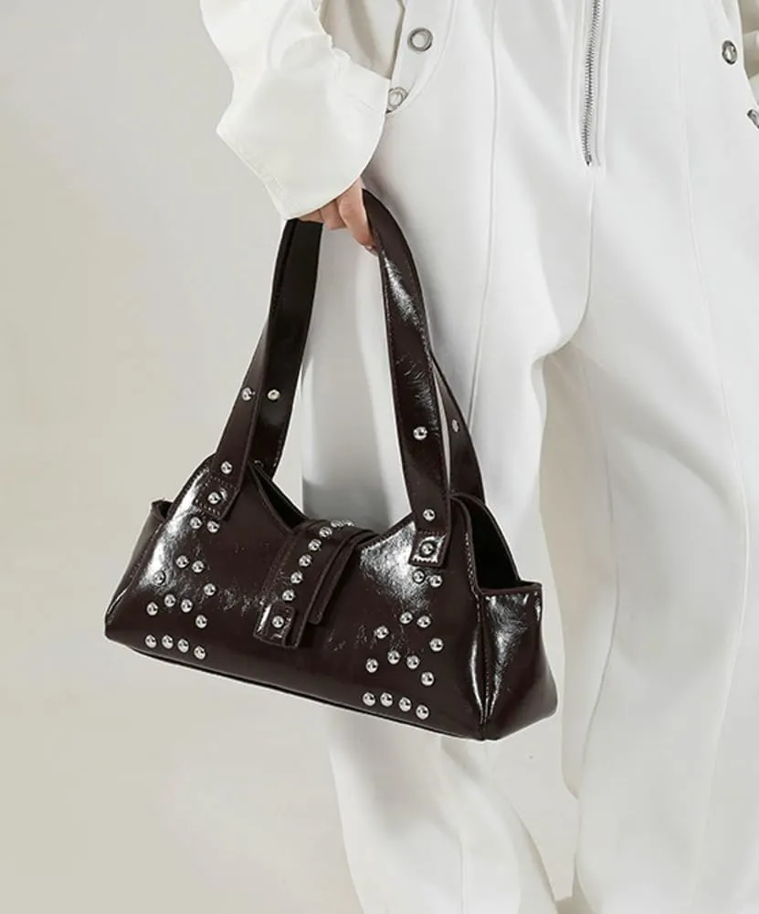 Trendy Vegan Leather Shoulder Bags for Women Small Y2k Underarm Purse Rivet Punk Tote Bags Handbags Satchels