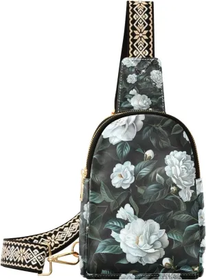 Trendy White Vintage Flowers cross body bag leather small fanny packs for for hiking