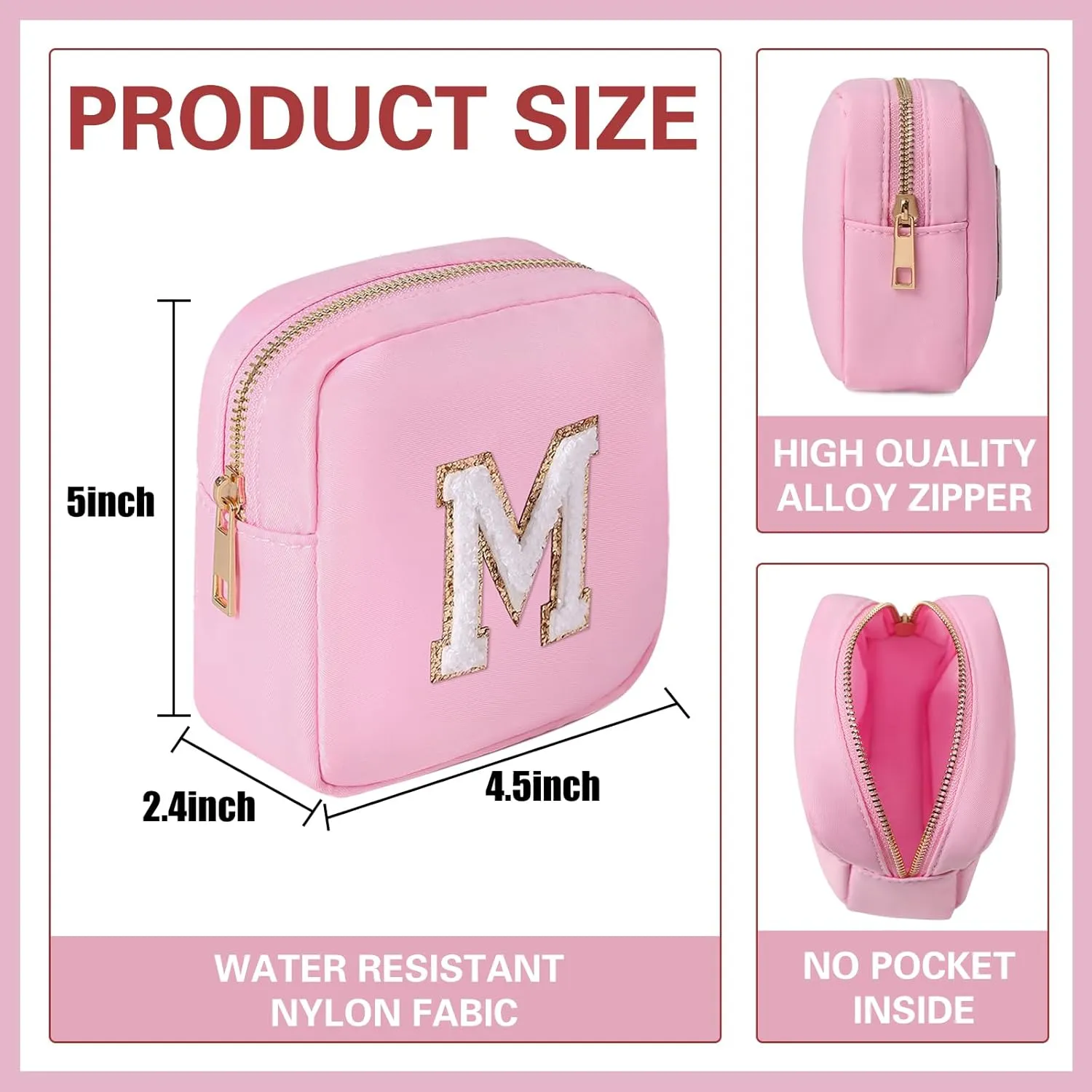 uekeboag Personalized Initial Cute Pink Makeup Bag Monogrammed Birthday Gift for Women and Girls, Chenille Letter Preppy Cosmetic Bag with Zipper Waterproof Nylon Travel Organizer Pouch (F-Light Pink)