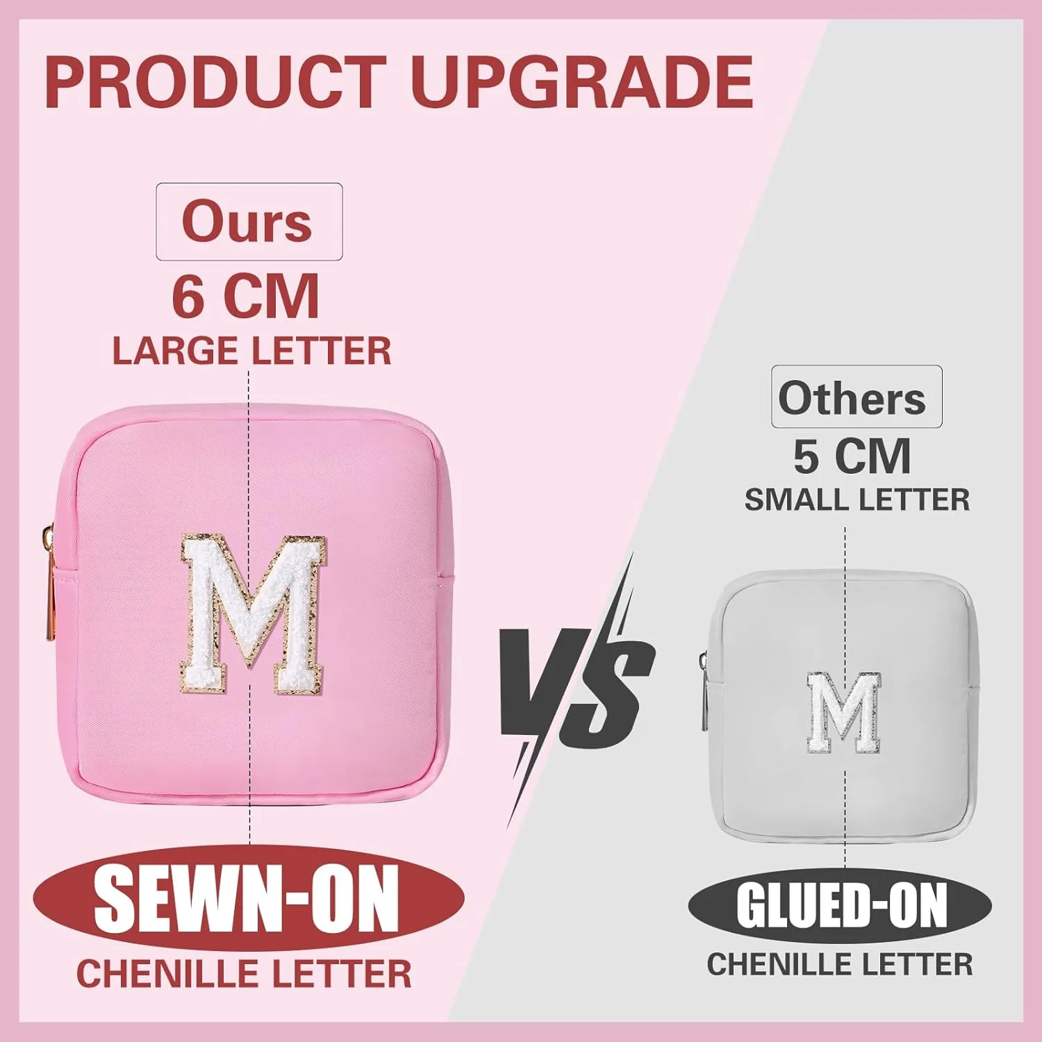 uekeboag Personalized Initial Cute Pink Makeup Bag Monogrammed Birthday Gift for Women and Girls, Chenille Letter Preppy Cosmetic Bag with Zipper Waterproof Nylon Travel Organizer Pouch (F-Light Pink)