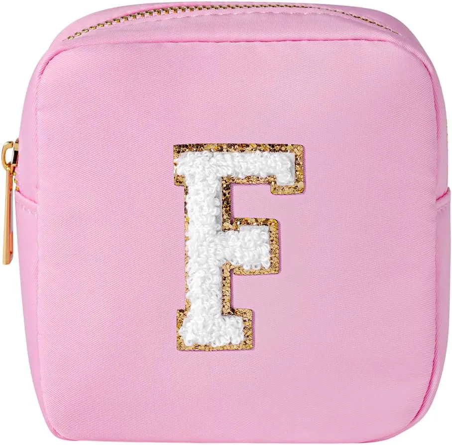 uekeboag Personalized Initial Cute Pink Makeup Bag Monogrammed Birthday Gift for Women and Girls, Chenille Letter Preppy Cosmetic Bag with Zipper Waterproof Nylon Travel Organizer Pouch (F-Light Pink)