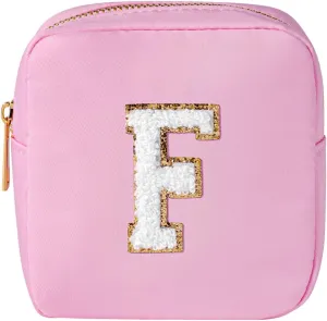 uekeboag Personalized Initial Cute Pink Makeup Bag Monogrammed Birthday Gift for Women and Girls, Chenille Letter Preppy Cosmetic Bag with Zipper Waterproof Nylon Travel Organizer Pouch (F-Light Pink)