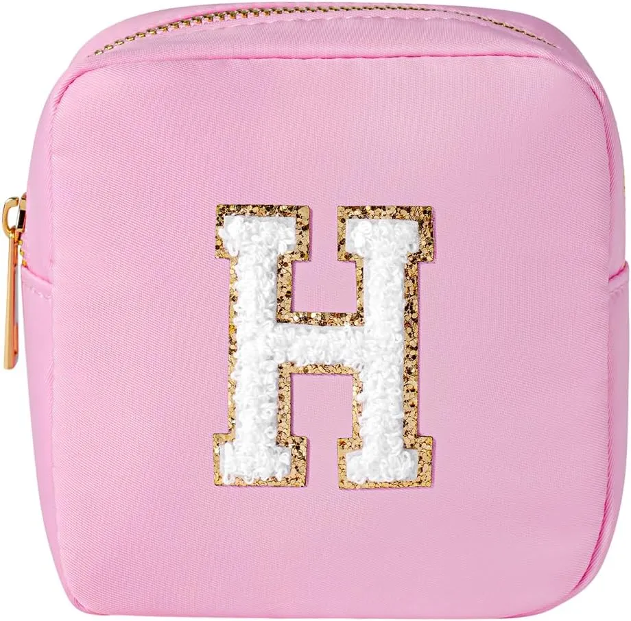 uekeboag Personalized Initial Cute Pink Makeup Bag Monogrammed Birthday Gift for Women and Girls, Chenille Letter Preppy Cosmetic Bag with Zipper Waterproof Nylon Travel Organizer Pouch (H-Light Pink)