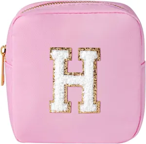 uekeboag Personalized Initial Cute Pink Makeup Bag Monogrammed Birthday Gift for Women and Girls, Chenille Letter Preppy Cosmetic Bag with Zipper Waterproof Nylon Travel Organizer Pouch (H-Light Pink)