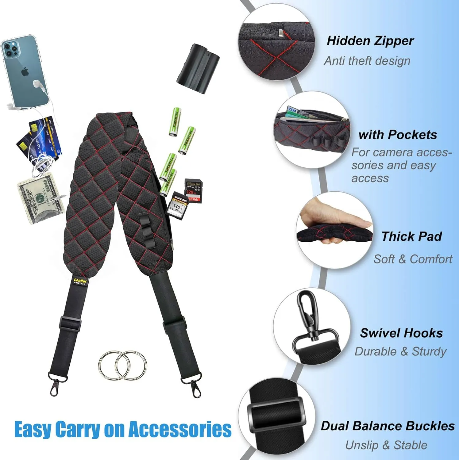 Ultra Comfortable Camera Strap with Pockets and Thick Padded for Photographers, Adjustable Universal Cam Neck Belt