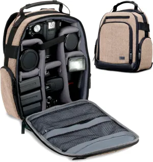 USA GEAR Portable Camera Backpack for DSLR with Customizable Accessory Dividers, Weather Resistant Bottom and Comfortable Back Support - Compatible with Canon, Nikon, Sony, Fujifilm, and More (Brown)