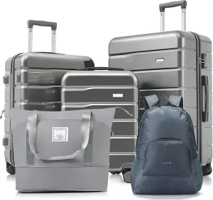Versatile 5-Piece Luggage Set with Expandable Duffel Bag & Foldable Backpack - 20/24/28 Inch Suitcases with 360 Spinner Wheels, Grey