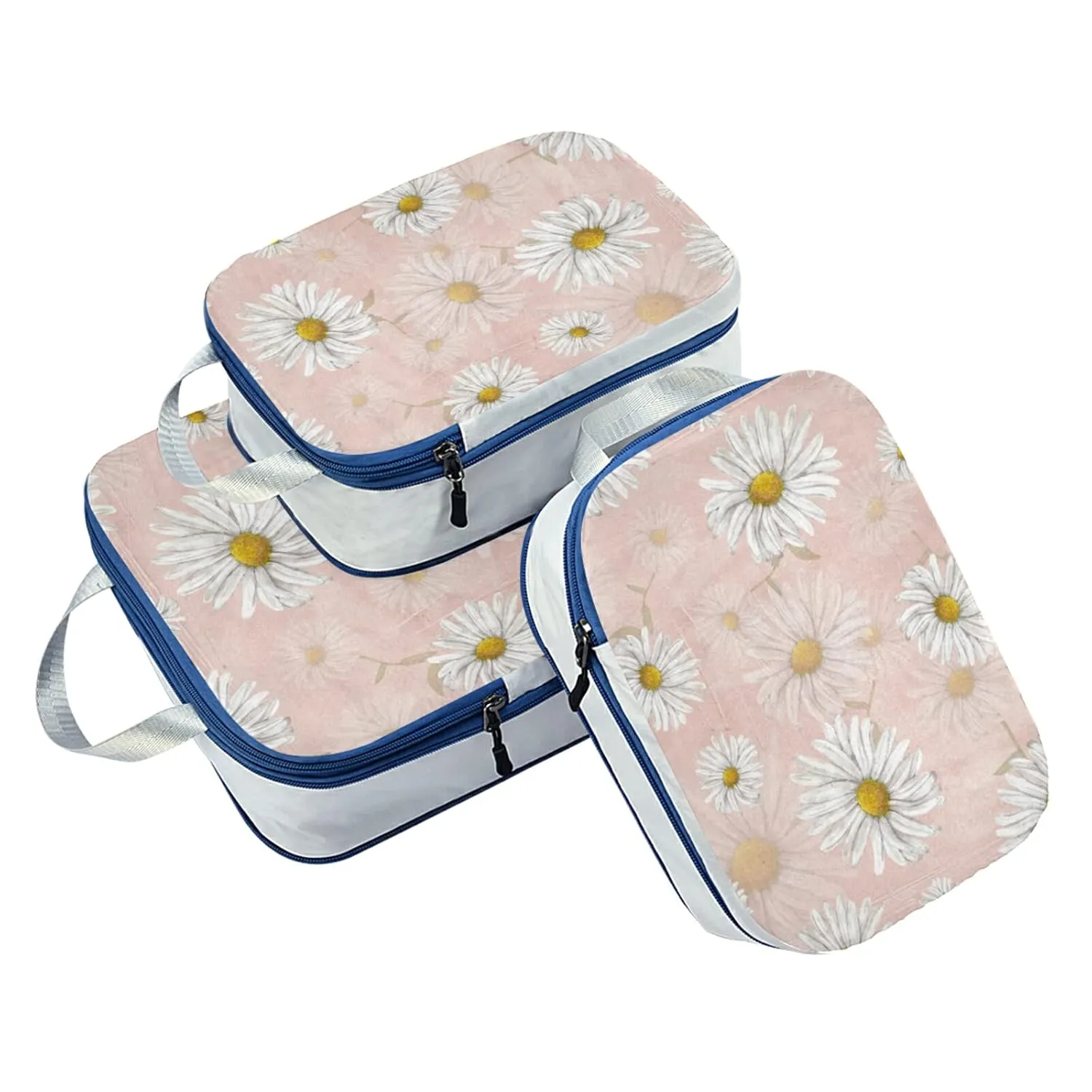 White Chamomile Daisy Flowers on Light Pink 3 Piece set Cubes Expandable Adjustable Luggage Packing Bags, Ultralight Organizer Accessories Travel Suitcase Compressible Bags