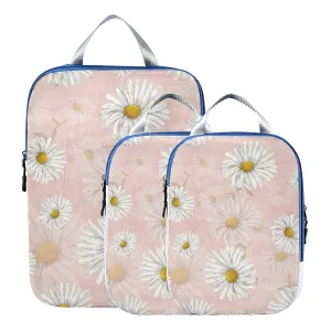 White Chamomile Daisy Flowers on Light Pink 3 Piece set Cubes Expandable Adjustable Luggage Packing Bags, Ultralight Organizer Accessories Travel Suitcase Compressible Bags