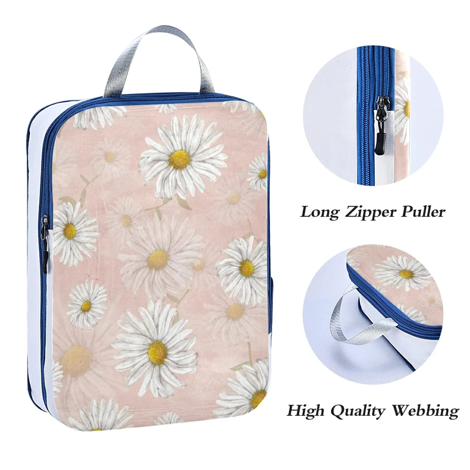 White Chamomile Daisy Flowers on Light Pink 3 Piece set Cubes Expandable Adjustable Luggage Packing Bags, Ultralight Organizer Accessories Travel Suitcase Compressible Bags