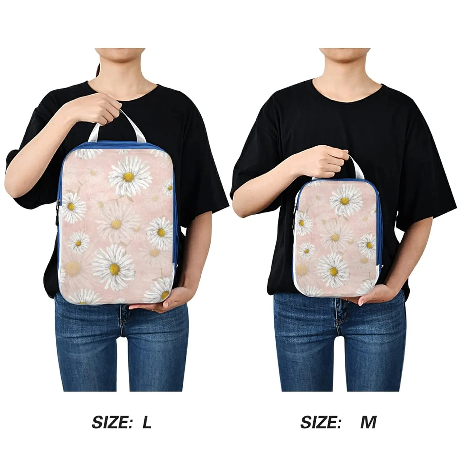 White Chamomile Daisy Flowers on Light Pink 3 Piece set Cubes Expandable Adjustable Luggage Packing Bags, Ultralight Organizer Accessories Travel Suitcase Compressible Bags