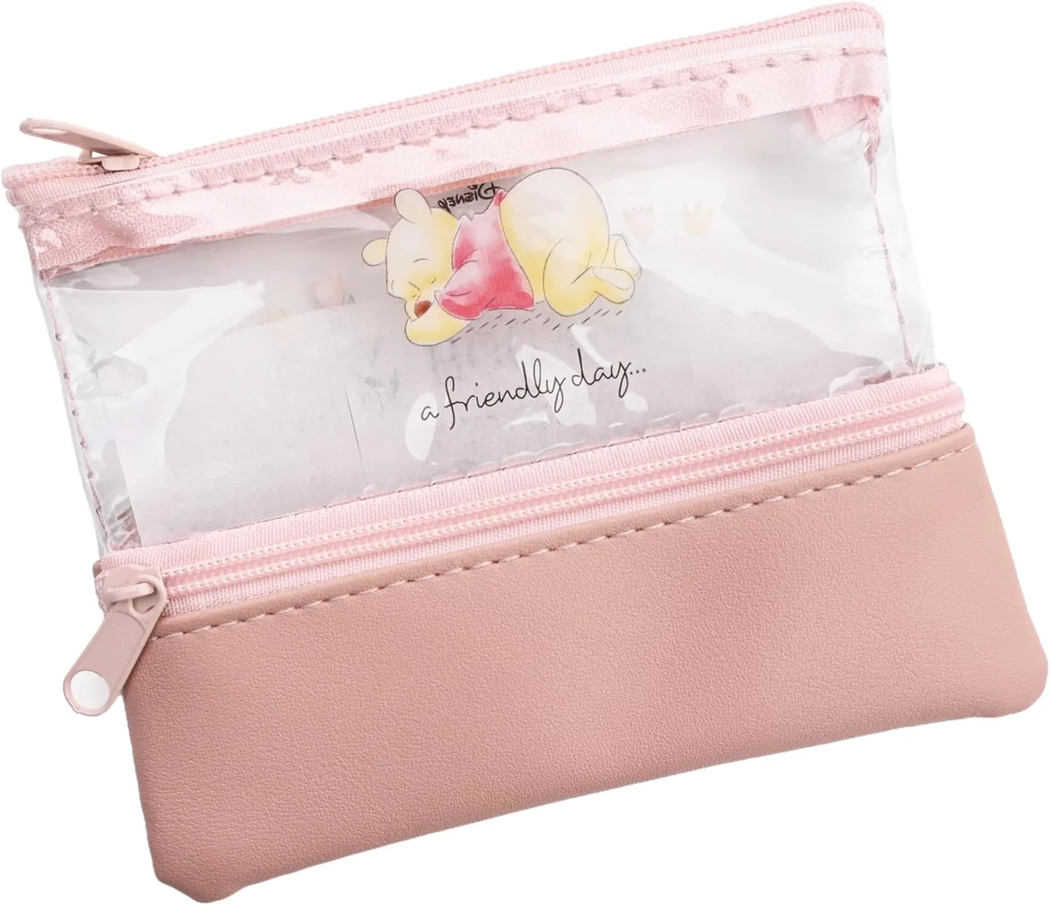Winnie-Bear-Pooh Double Zipper Pouch - Versatile Zipper Bag Organizer for Stationery, Cosmetics & More, Transparent Compartment for Easy View, Compact & Cute Design, Ideal for Bags, 4.72 x 3.93 inch