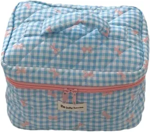 Women Cute Cosmetic Bags Preppy Fairycore Makeup Bag Quilted Bow Tie Print Toiletry Bag Coquette Zipper Travel Bag (L,Blue)