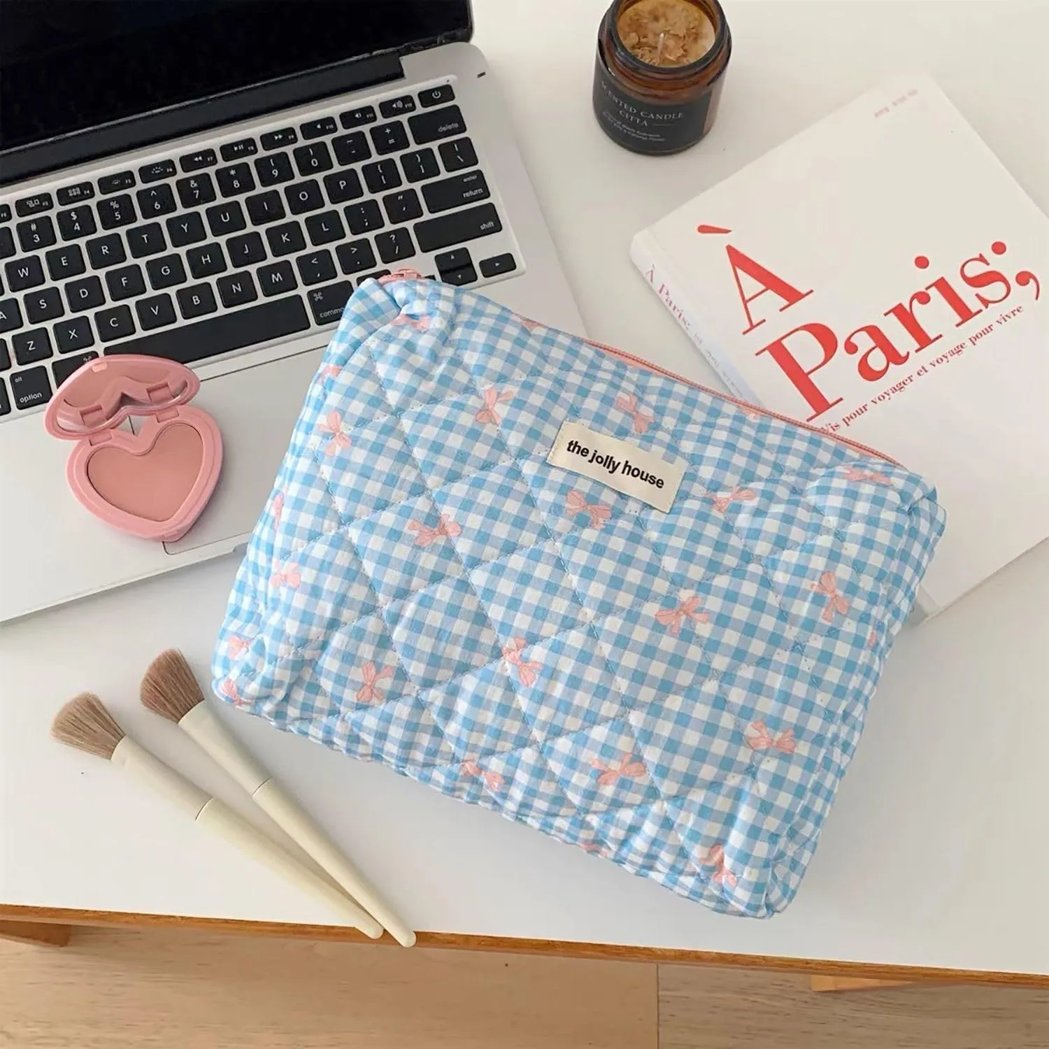 Women Cute Cosmetic Bags Preppy Fairycore Makeup Bag Quilted Bow Tie Print Toiletry Bag Coquette Zipper Travel Bag (L,Blue)