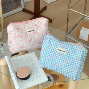 Women Cute Cosmetic Bags Preppy Fairycore Makeup Bag Quilted Bow Tie Print Toiletry Bag Coquette Zipper Travel Bag (L,Pink)