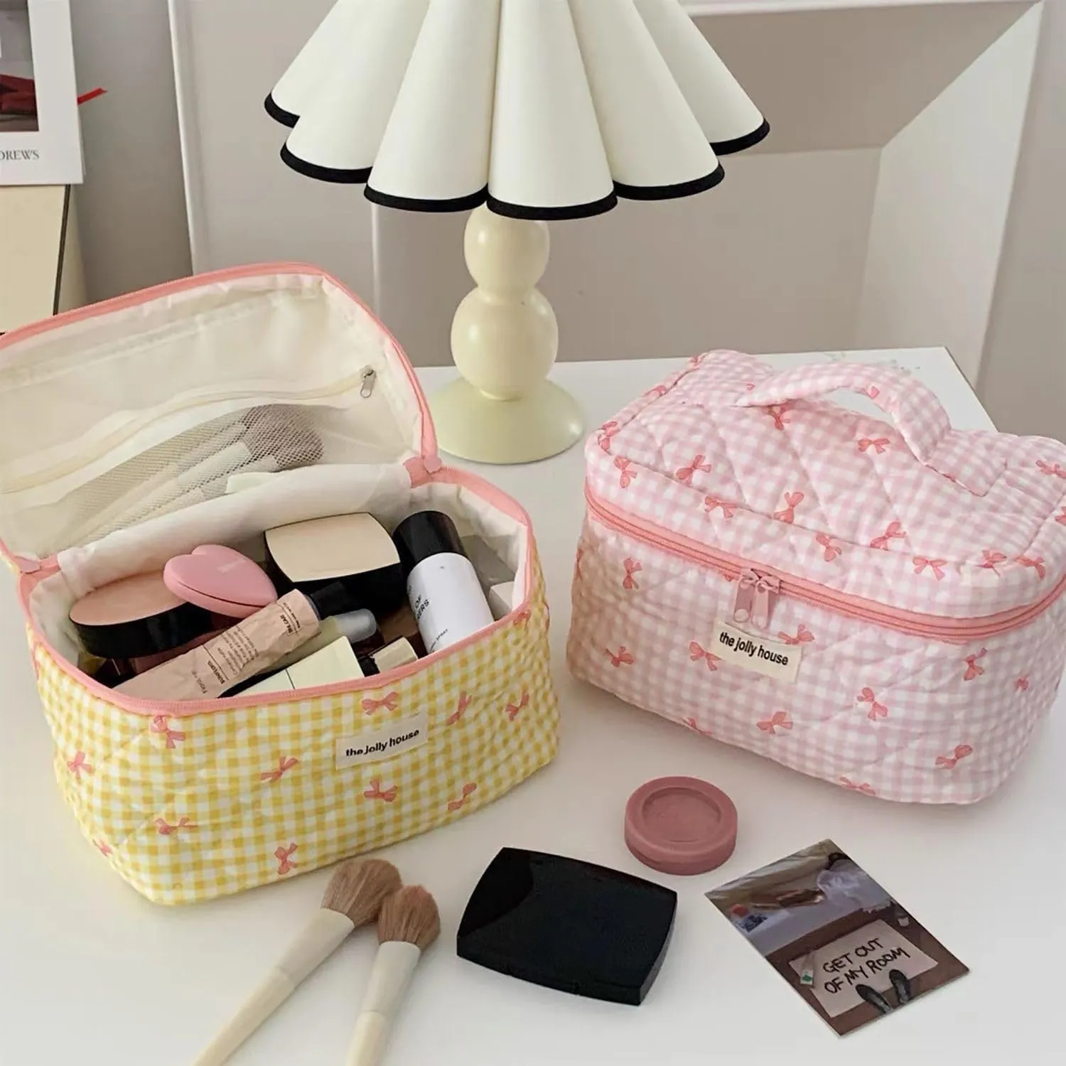 Women Cute Cosmetic Bags Preppy Fairycore Makeup Bag Quilted Bow Tie Print Toiletry Bag Coquette Zipper Travel Bag (L,Pink)