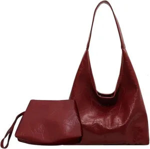 Women Leather Shoulder Bag Versatile Hobo Bag and Clutch Casual 2pcs Shoulder Bag and Handbag Set Satchel Hobo Bag