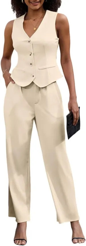 Women's 2 Piece Outfits Elegant Blazer Vest Pockets Wide Leg Pant Suit Casual Matching Set