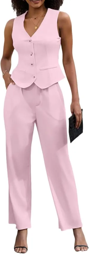 Women's 2 Piece Outfits Elegant Blazer Vest Pockets Wide Leg Pant Suit Casual Matching Set