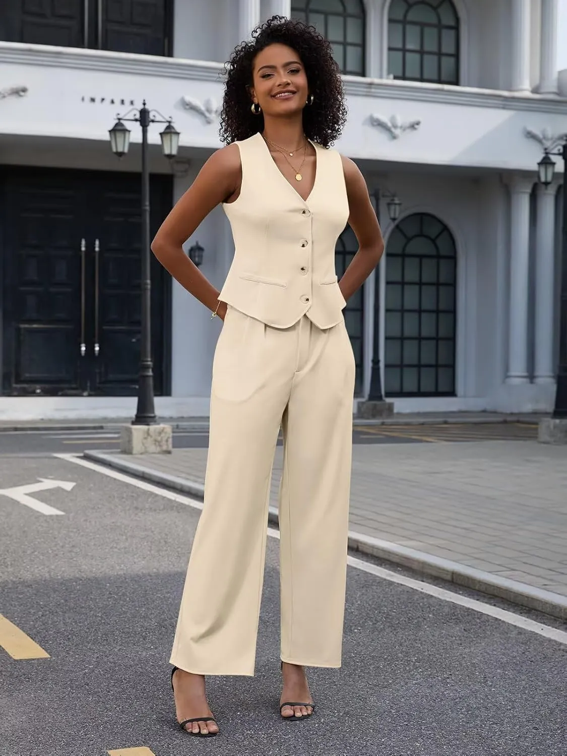 Women's 2 Piece Outfits Elegant Blazer Vest Pockets Wide Leg Pant Suit Casual Matching Set