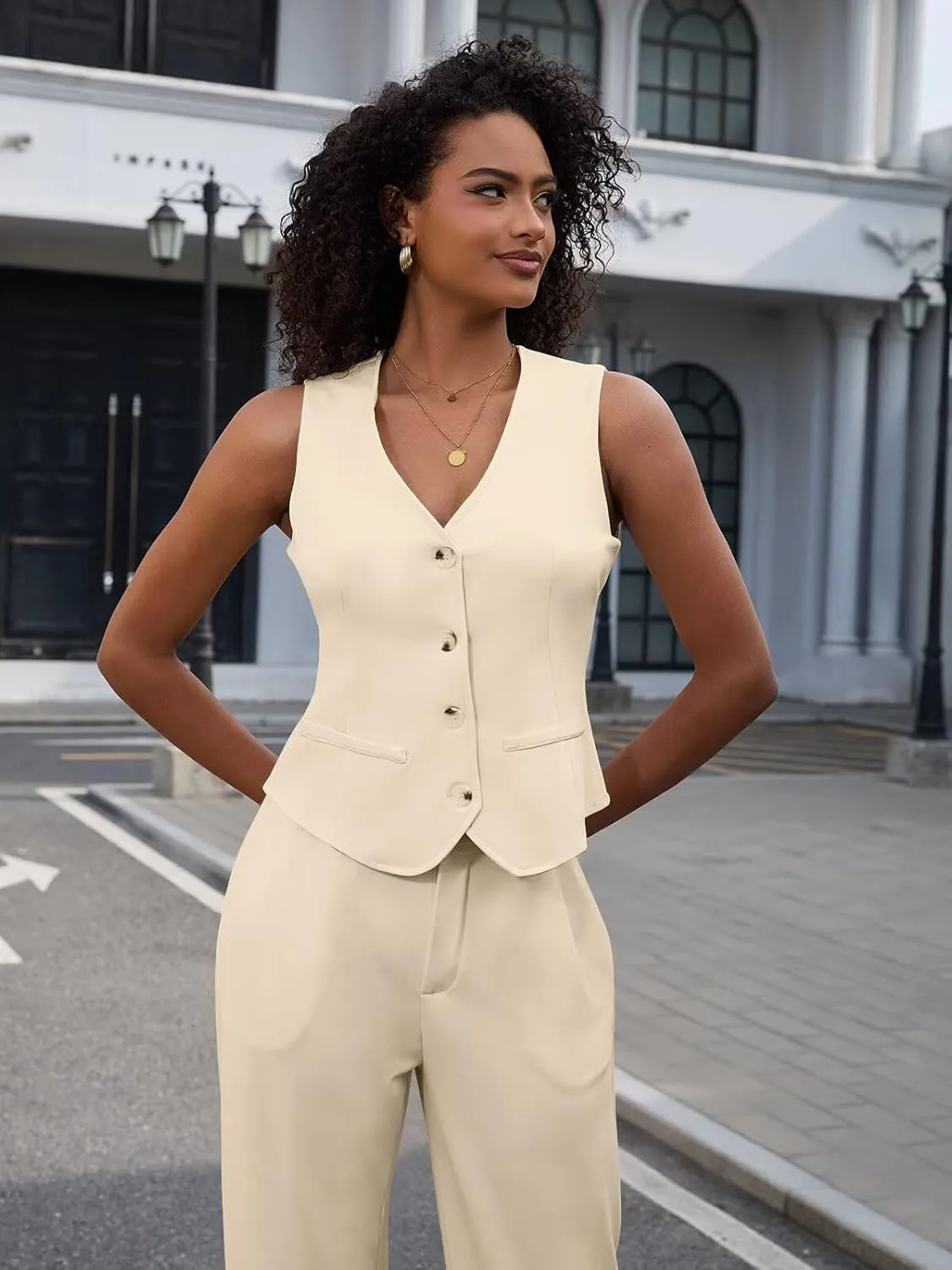 Women's 2 Piece Outfits Elegant Blazer Vest Pockets Wide Leg Pant Suit Casual Matching Set