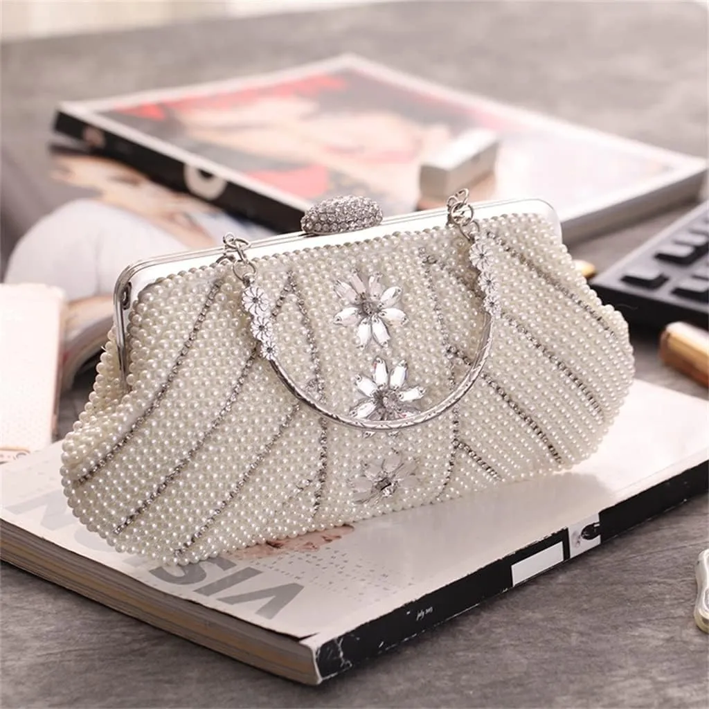 Women's Bag Clutch Bag with Handle Pearl Bag Dinner Party Bag Cocktail Light Colored Women's Bag(D)