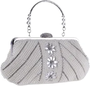 Women's Bag Clutch Bag with Handle Pearl Bag Dinner Party Bag Cocktail Light Colored Women's Bag(D)