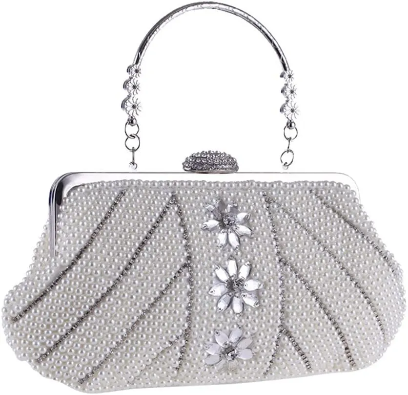 Women's Bag Clutch Bag with Handle Pearl Bag Dinner Party Bag Cocktail Light Colored Women's Bag(D)